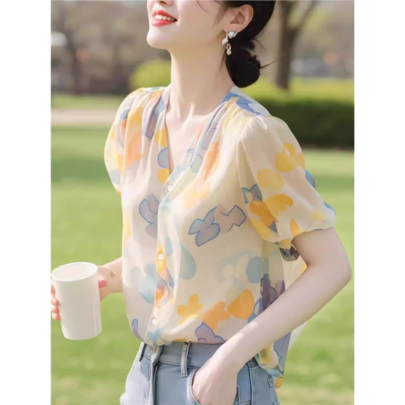 哥弟商场同款2025夏季新款法式雪纺衬衣时尚百搭印花衬衫女装上衣