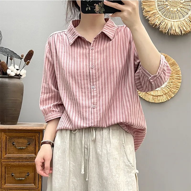 蓝色条纹中袖衬衫女夏季纯棉棉纱宽松高级上衣设计感小众短袖衬衣