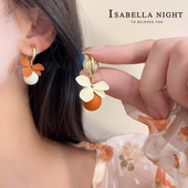 2025新款 复古橙不对称花朵纯银耳针钉法式 复古温柔蚊香盘耳夹饰女