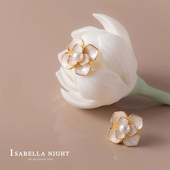 山茶花朵施家珍珠耳钉饰925银高级感女轻奢珐琅彩小香风复古耳夹