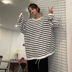 Real photo 2021 spring dress stripe loose large edition long sleeve T-shirt women's versatile top