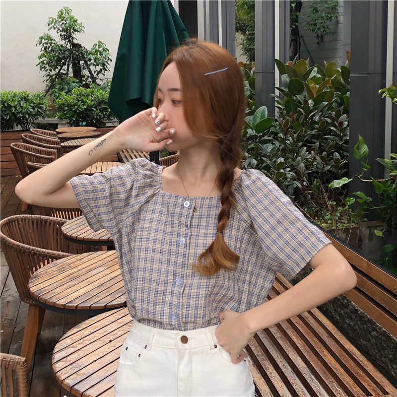 Real shot bubble wrinkled Short Sleeve Plaid Shirt women's summer square collar French top