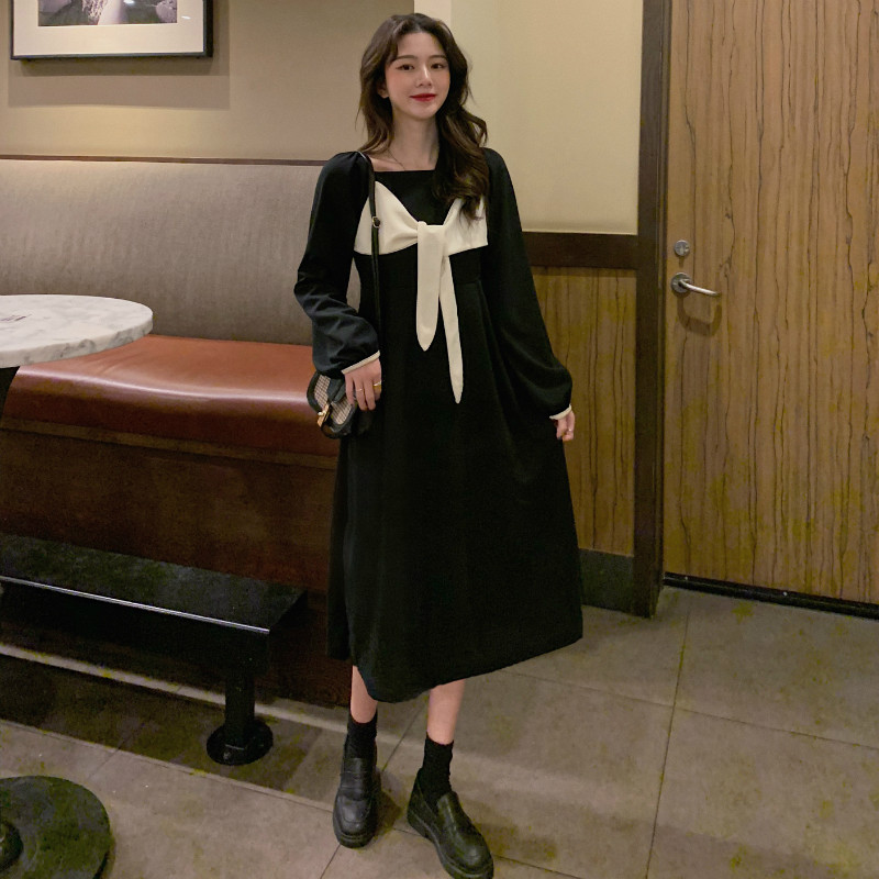 Real shot spring new Korean square neck bow dress women's fashion