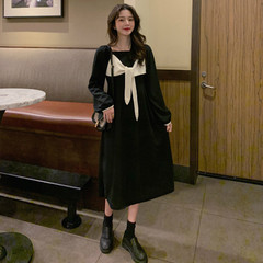Real shot spring new Korean square neck bow dress women's fashion