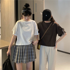 Real shot cotton short bandage split short sleeve T-shirt for women