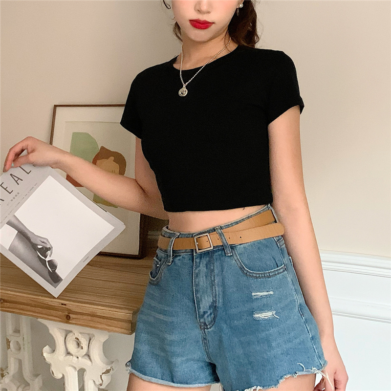 Real shot pure cotton short sleeve T-shirt women's short tight exposed navel high waist leakage navel