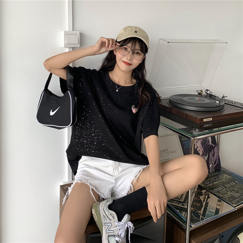 Real shot cotton T-shirt Korean version design sense medium length loose shiny short sleeve stereo decoration