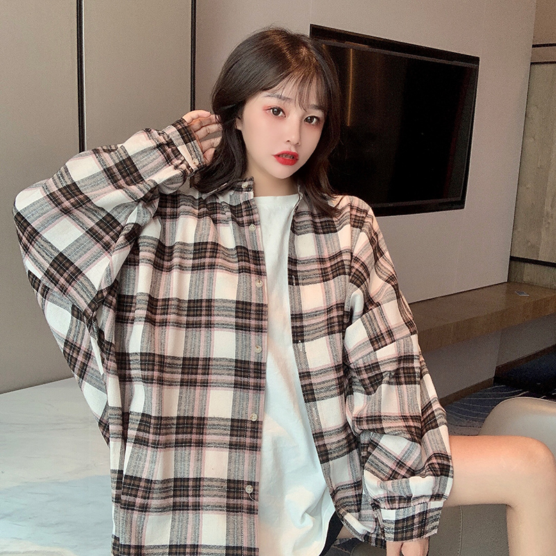Real shot with cotton design minority long sleeve shirt women's spring and autumn Plaid Shirt Top