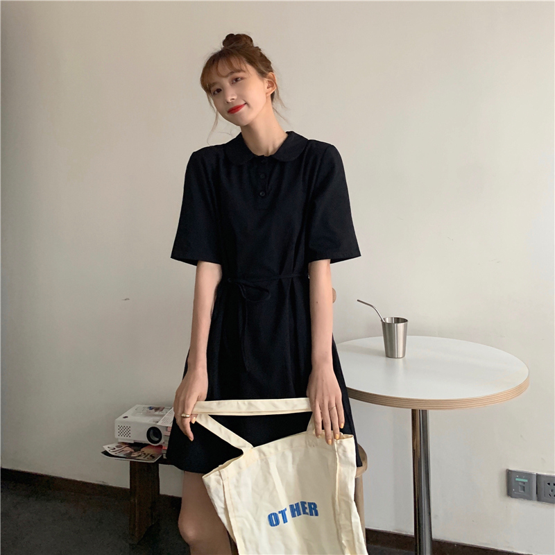 Real shot fiber summer retro students take waist dress girl