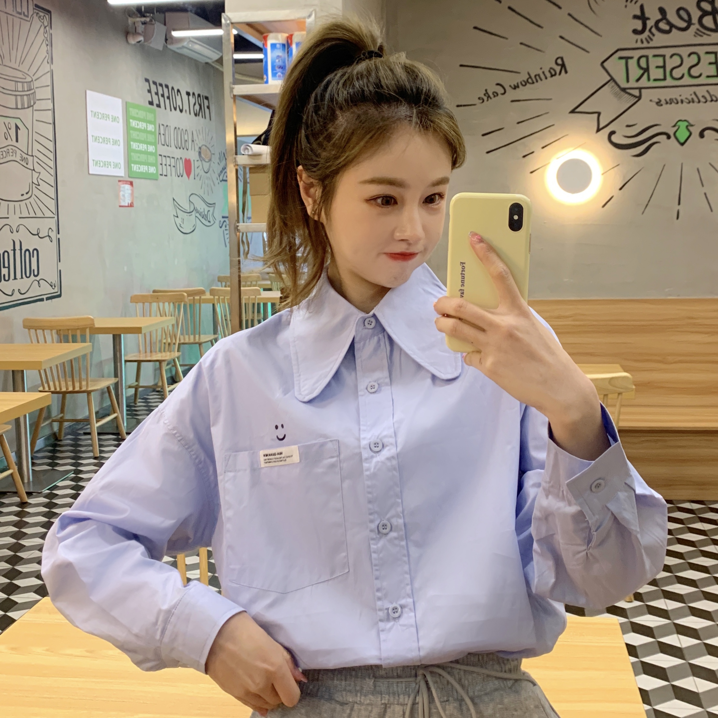 實拍小視頻春季寬鬆學生襯衫女韓版中長款