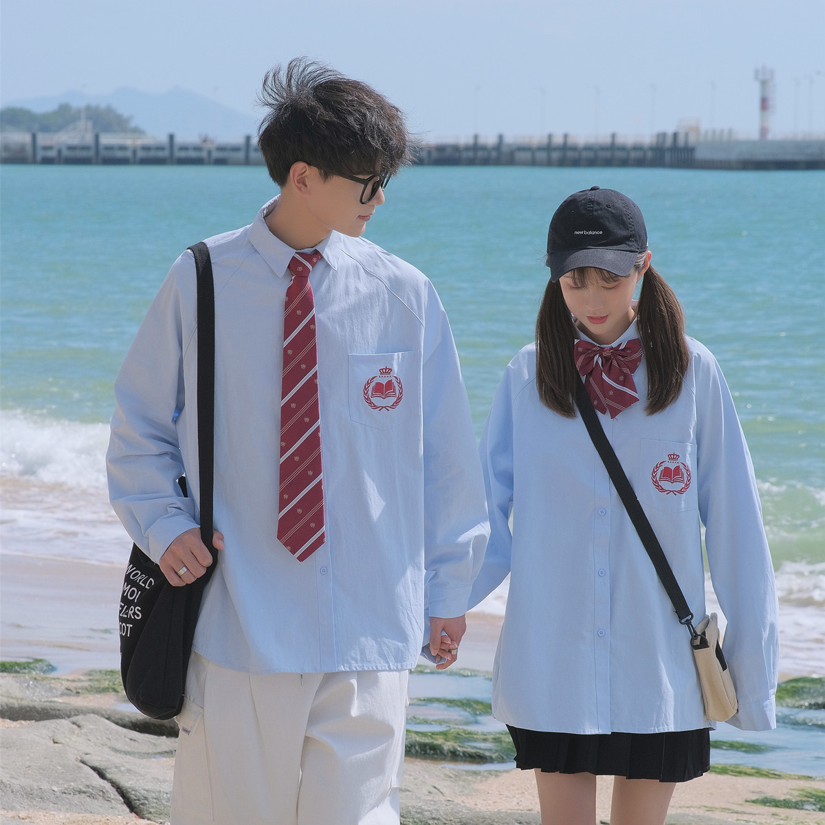 Real photo shirt Japanese college style couple's men's and women's shirts