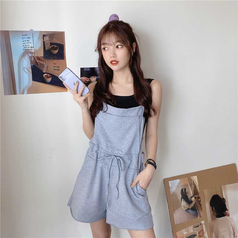 Real shot cotton Jumpsuit women's shorts with neck sling, suspender, waistcoat two piece suit