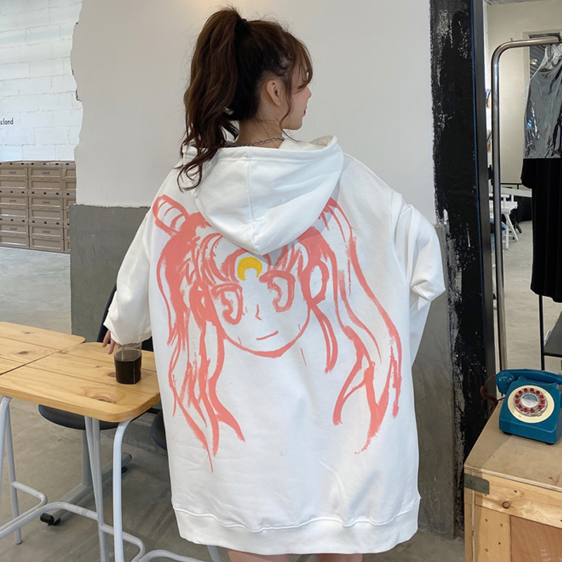 Real shot of women's spring and autumn thin cartoon hooded loose sweater