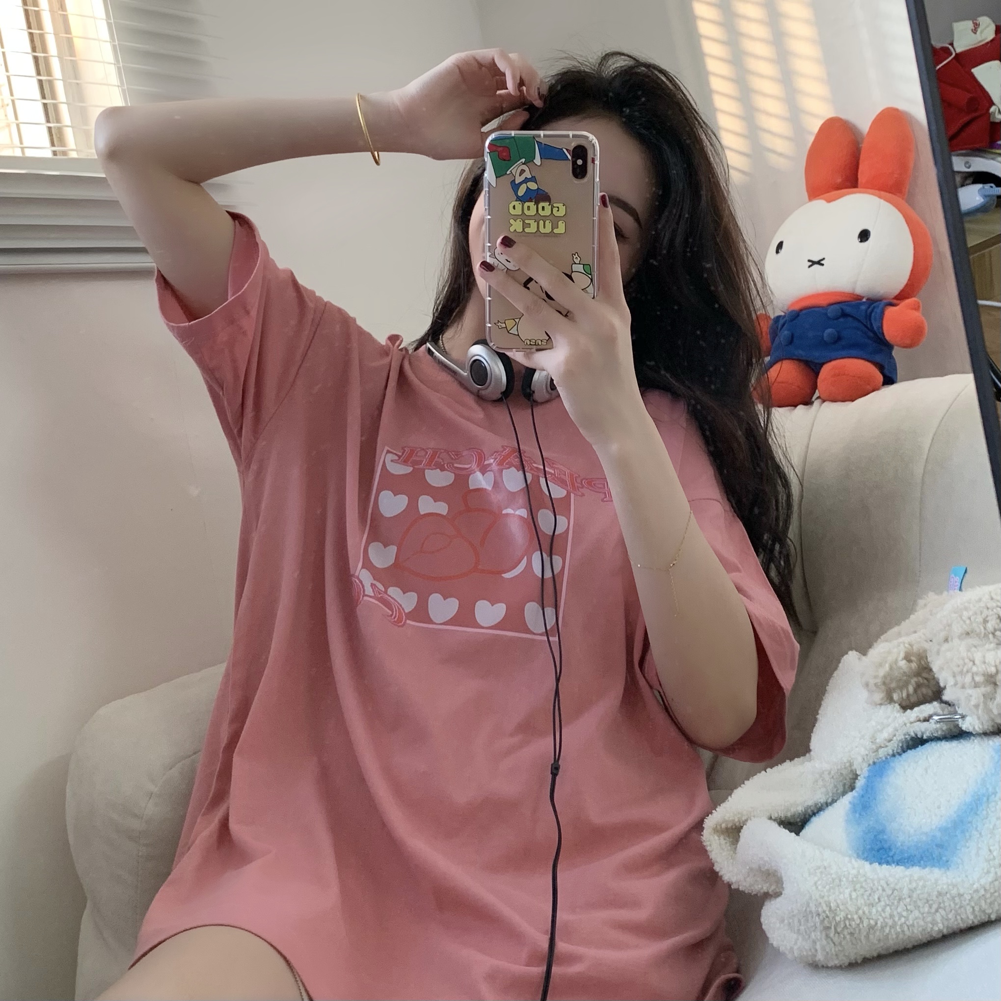 實拍純棉恤女韓版原創愛心印花恤女中長款百搭
