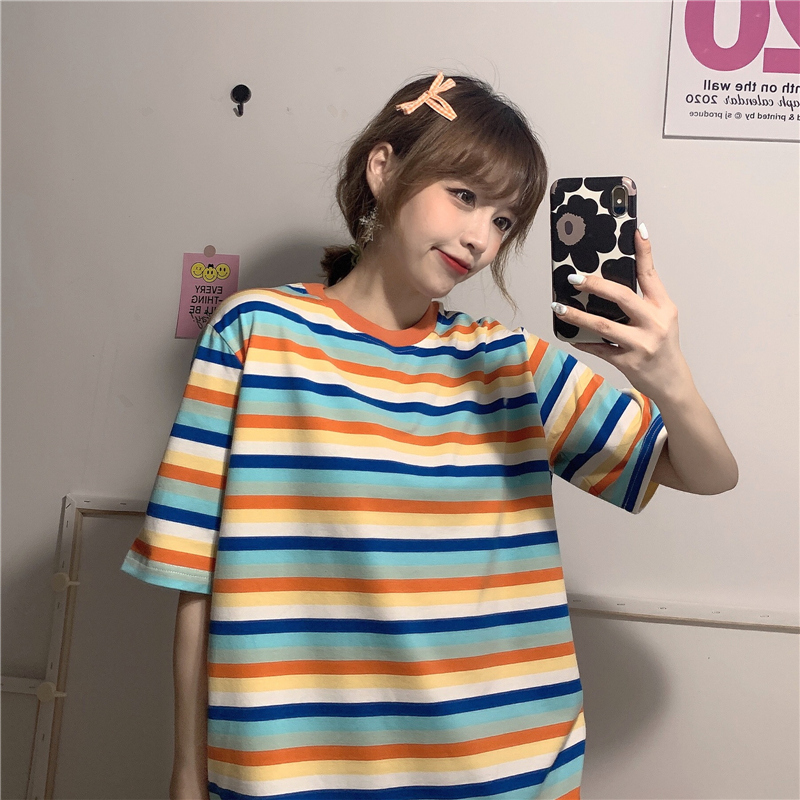 實拍 100%棉 彩虹條紋T恤-春夏寬鬆休閒百搭日系學生女