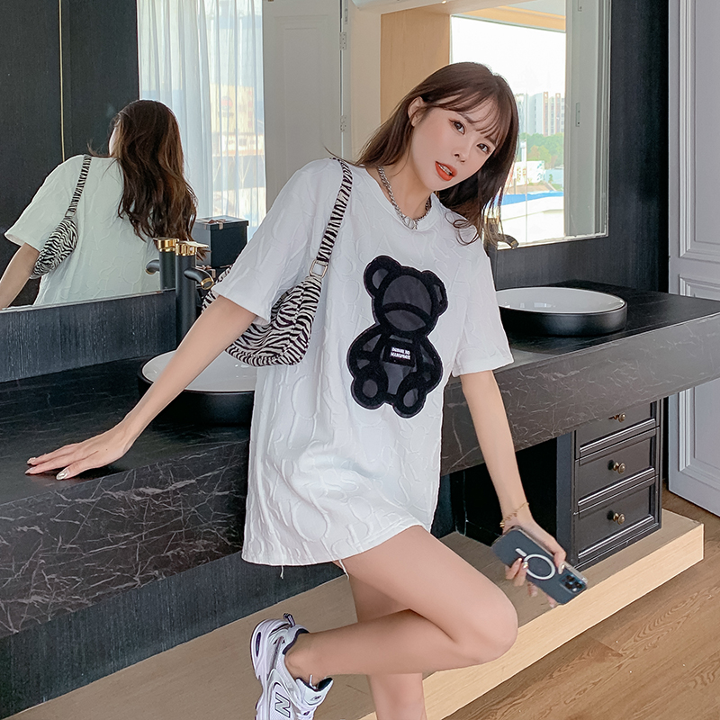 Real bear medium length loose short sleeve Korean women's fashion thickened casual versatile T-shirt