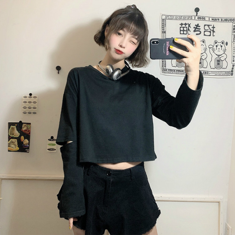 Real shot off shoulder long sleeve t-shirt female summer new Korean relaxed and lazy style