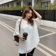 Real shot clip cotton thickened 2021 spring new mid long short sleeve T-shirt women's Plaid