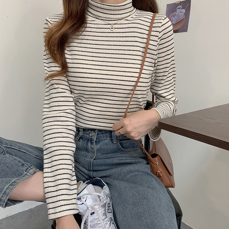 Real time knitting thread stripe long sleeve high collar bottomed sweater women's slim and versatile top