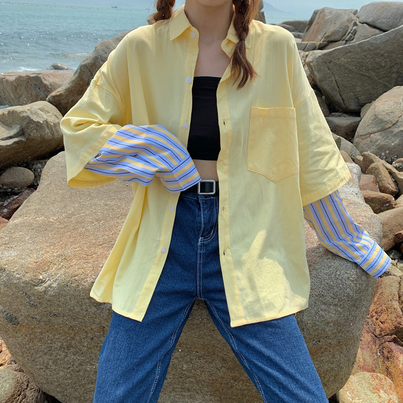 Real shot 2020 Korean version of loose and fake two piece design Shirt Girls' top