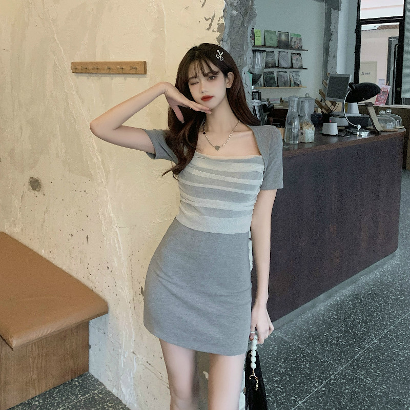 Real shot contrast mesh stitching buttock short skirt slim skirt short sleeve bottom dress