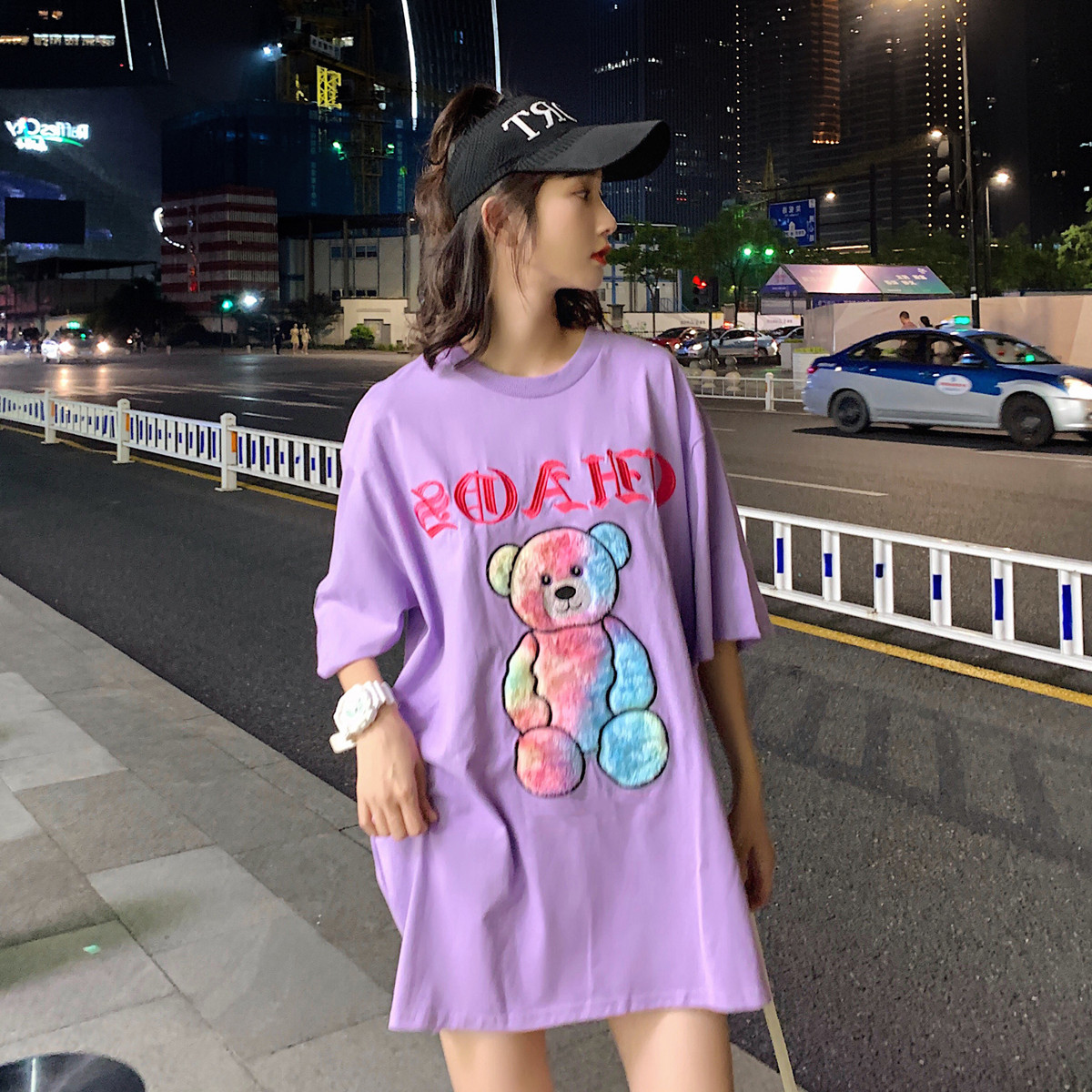 Real shot three dimensional embroidery Plush Bear short sleeve T-shirt net red student tide brand half sleeve girl