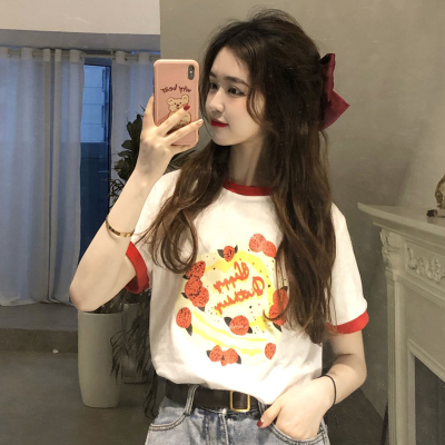 Spring and autumn Korean Edition small ancient style printing age reducing loose color matching short sleeve T-shirt women's wear