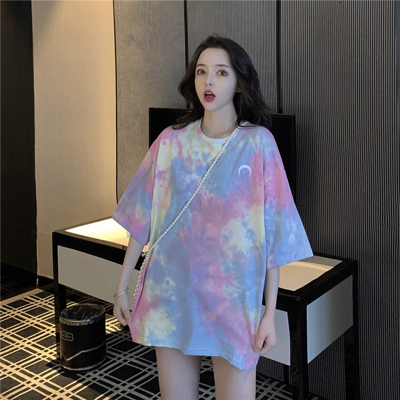 Real shot cotton color tie dyed gradual change T-shirt short sleeve women's loose net red super hot top fashion