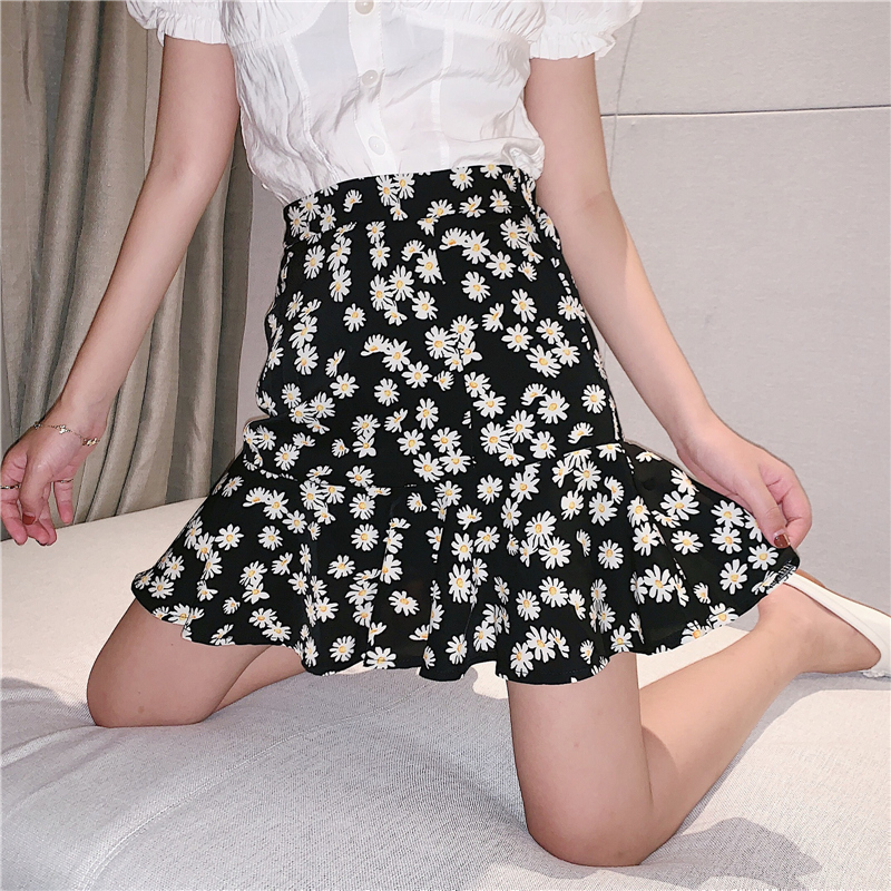 Real shot fiber with inner zipper small daisy skirt women's floral skirt Chiffon Skirt