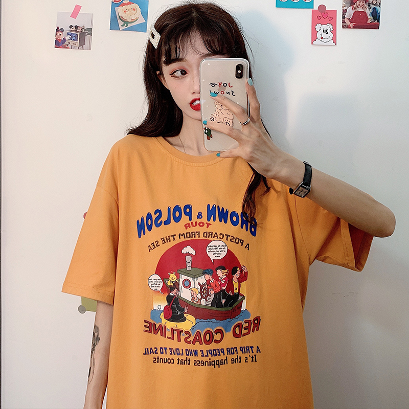 Real shooting summer retro cartoon letter printed short sleeve t-shirt female loose Korean versatile student top