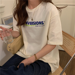 實拍拉架棉新款字母印花短袖恤女寬鬆中長款