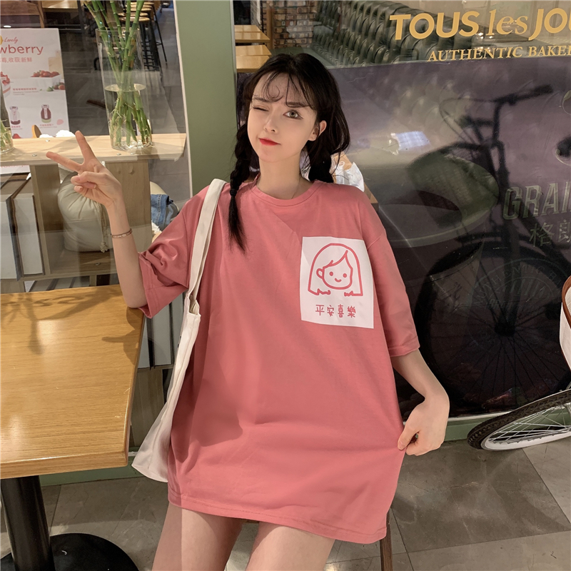 Real shot Cotton Pink printed cartoon round neck short sleeve T-shirt