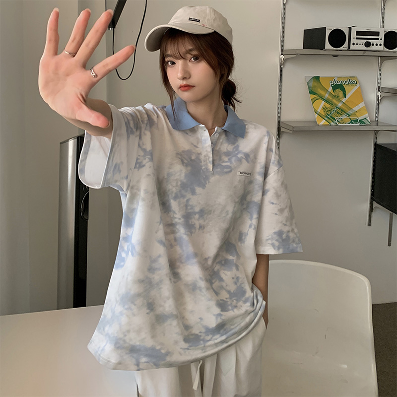Tie dyed T-shirt women's short sleeve polo collar top