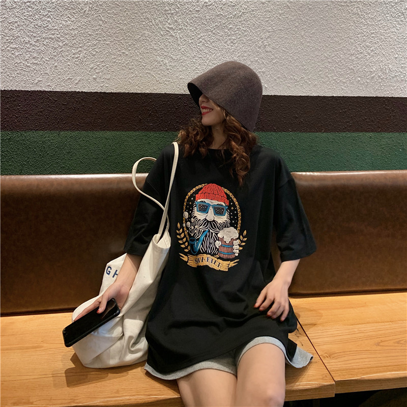 實拍棉夏天短袖恤女中長款