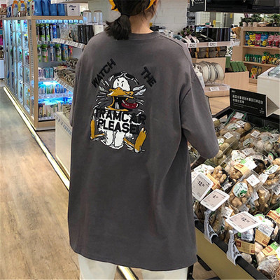 Real shot loose round neck letter Donald Duck front and back printing fashion Korean versatile leisure medium and long