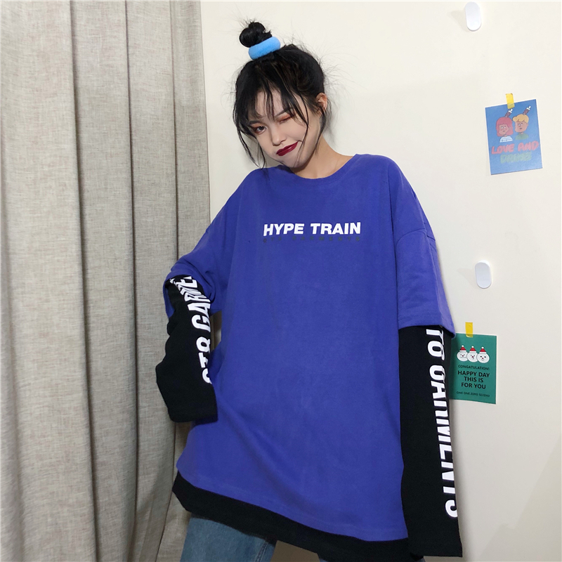 Real time pull frame cotton medium length color inserted long sleeve women's fake two-piece printing