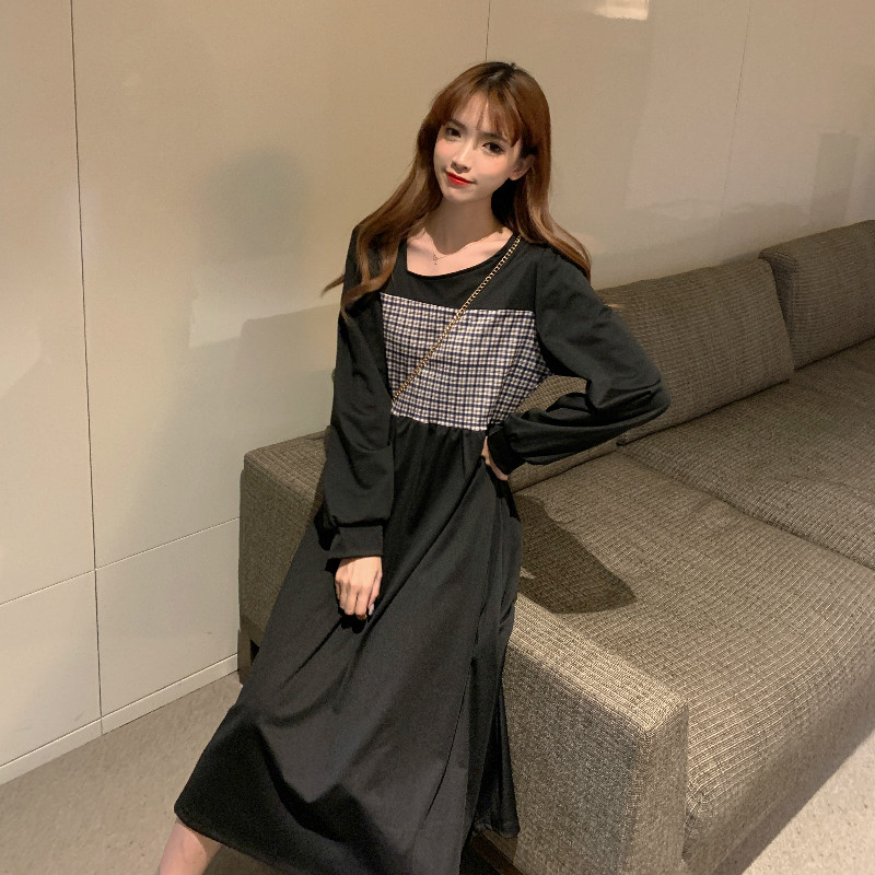 Real shot 2021 spring new stitching fake two medium length waist slim long sleeve dresses