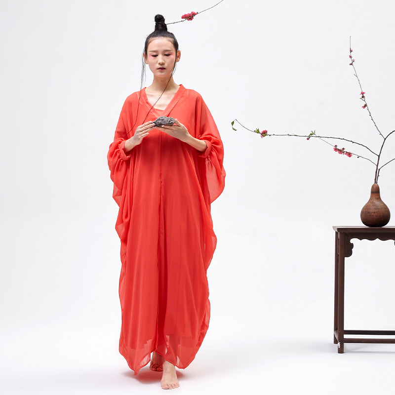 花椿诗意国风女装2026新款红色宽松蝙蝠袖两件套雪纺连衣裙禅舞服