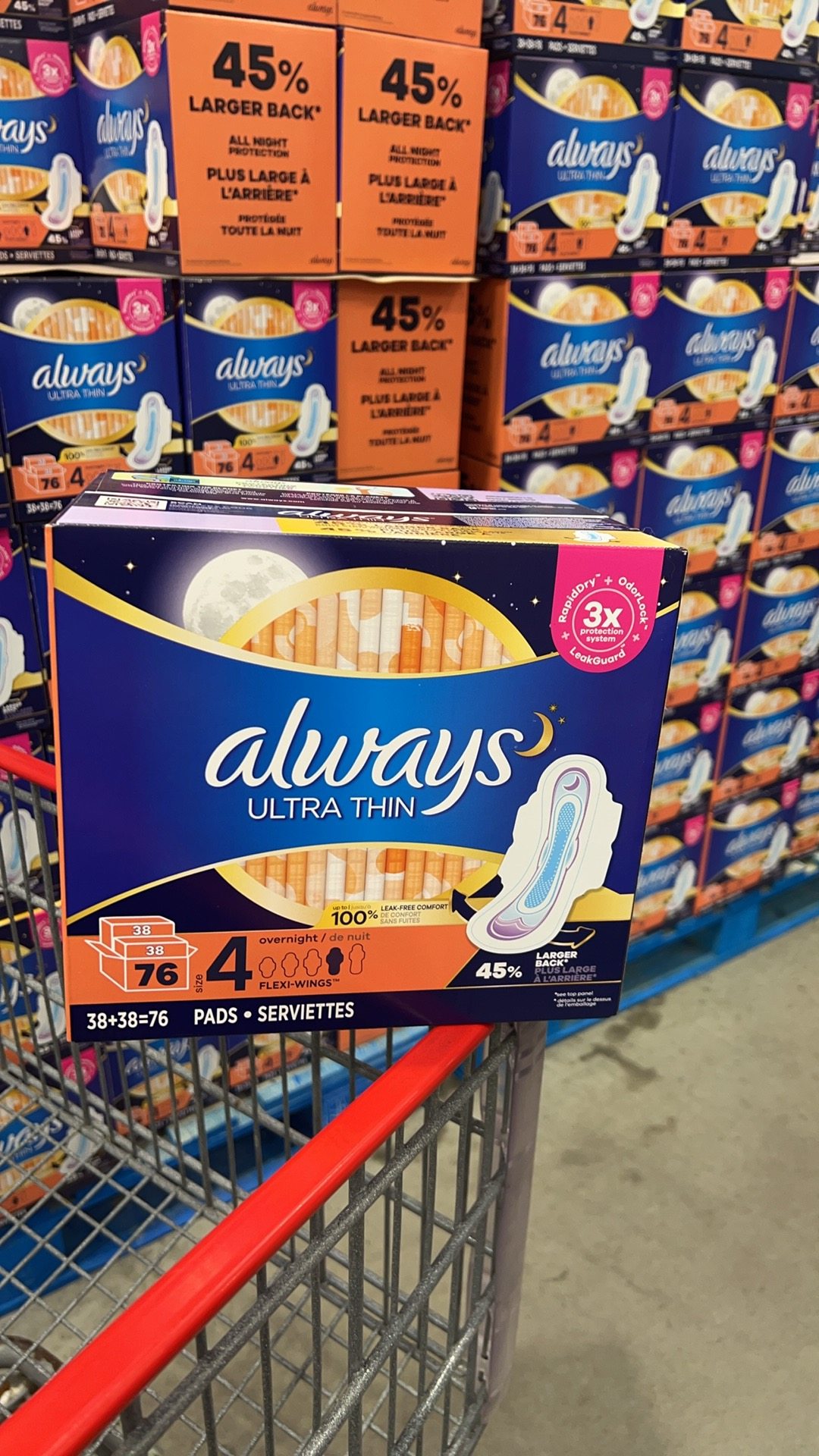 加拿大直邮always超薄夜用76片护翼卫生巾柔软干爽