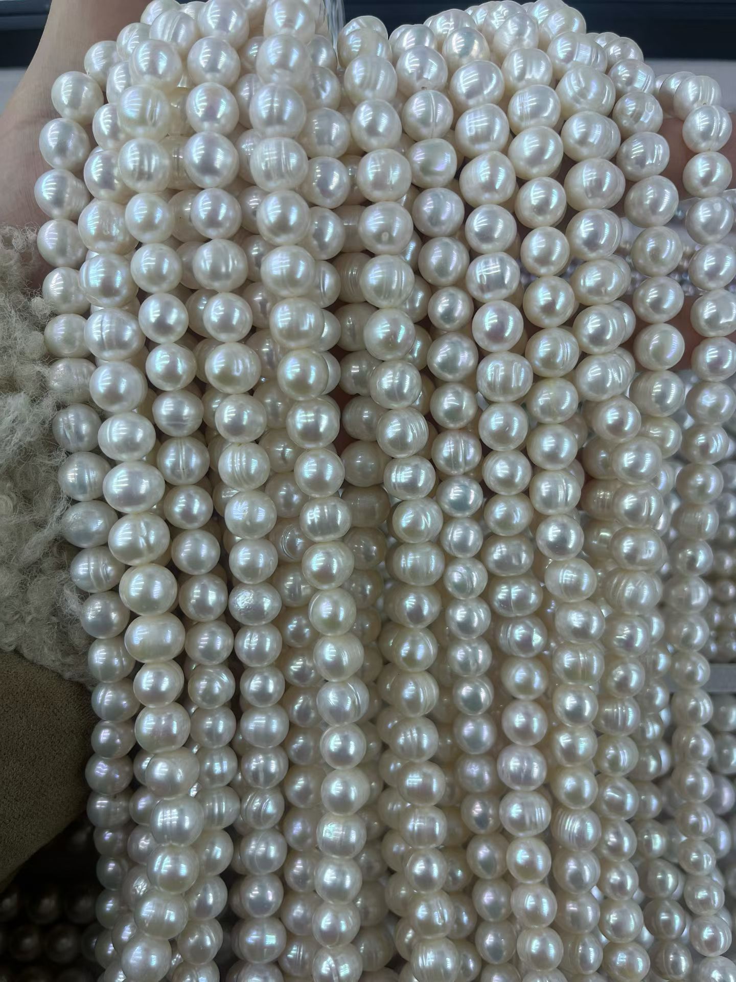 天然淡水无核9mm清爽螺纹圆珠 白彩强光 39cmDIY半成品串珠项链