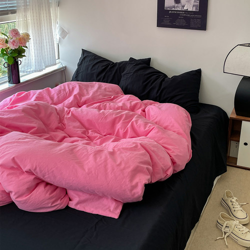 超仙的黑粉混搭水洗棉四件套