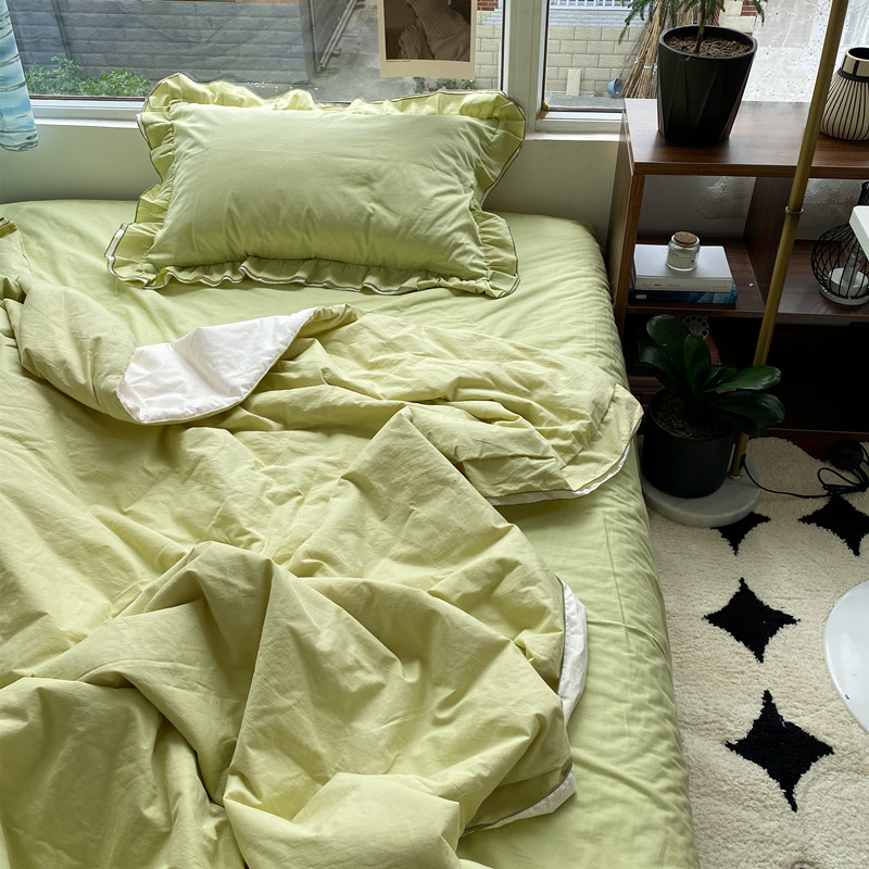 夏天可盐可甜全棉水洗棉夏被四件套仙女花边纯棉空调被纯色夏凉被