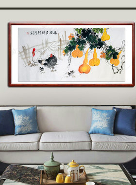 国画公鸡葫芦福禄吉祥手绘真迹水墨画招财风水画中式客厅装饰挂画