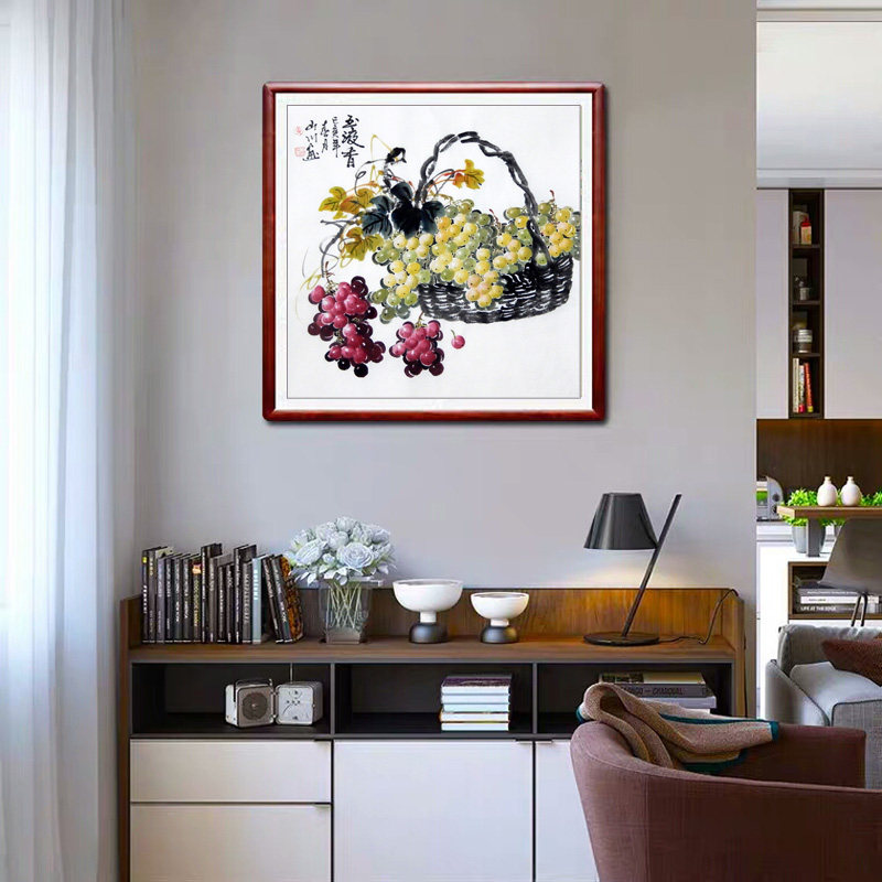 黄山川手绘水墨画国画写意花鸟餐厅装饰四尺斗方篮子葡萄图玉液香