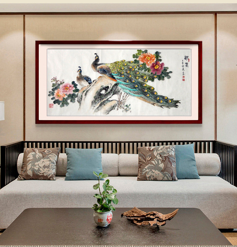客厅卧室玄关装饰挂画国画孔雀锦鸡手绘风水竖版仙鹤牡丹花鸟图