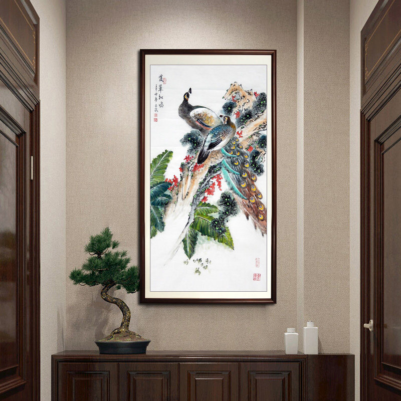 手绘孔雀花鸟画国画客厅玄关装饰画卧室吉祥挂画乔迁送礼富贵吉祥