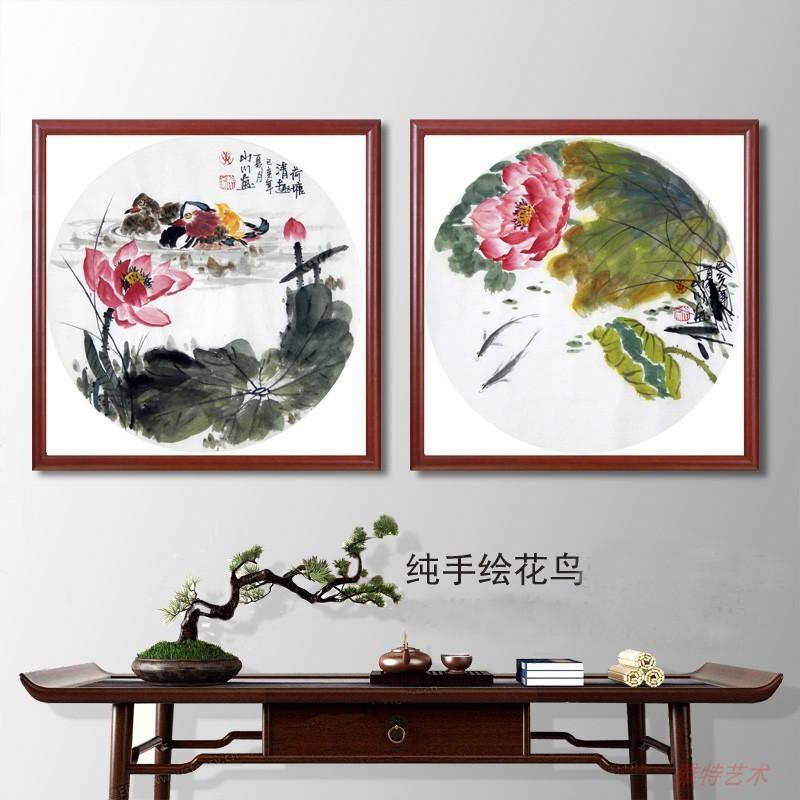 纯手绘国画客厅圆形挂画荷花中式卧室床头装饰画荷塘清趣书房挂画图片