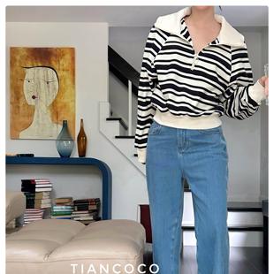 TIANCOCO立体剪裁高腰阔腿牛仔裤女春夏新款宽松显瘦垂感拖地长裤