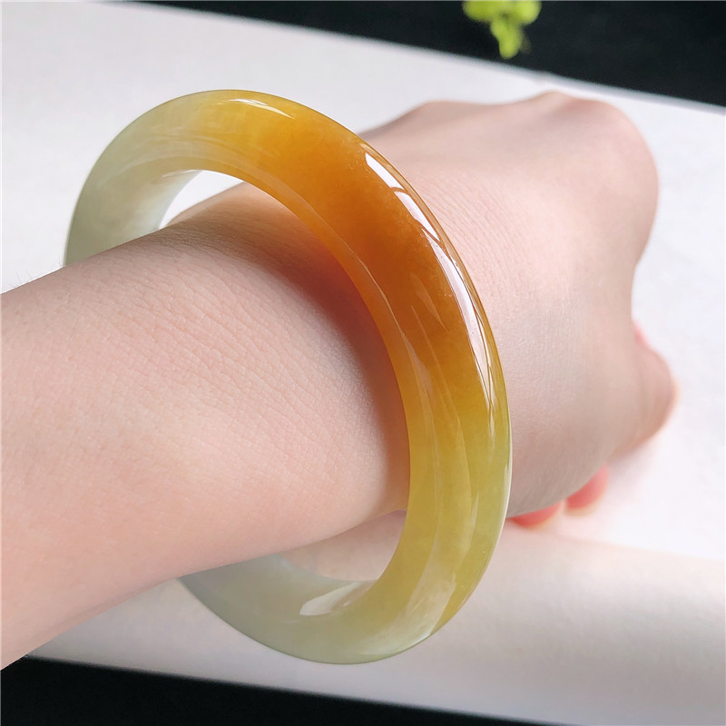 6月新品 鸿玉翡翠54圈口冰种冰润艳黄翡正圈手镯女款正品14a90617