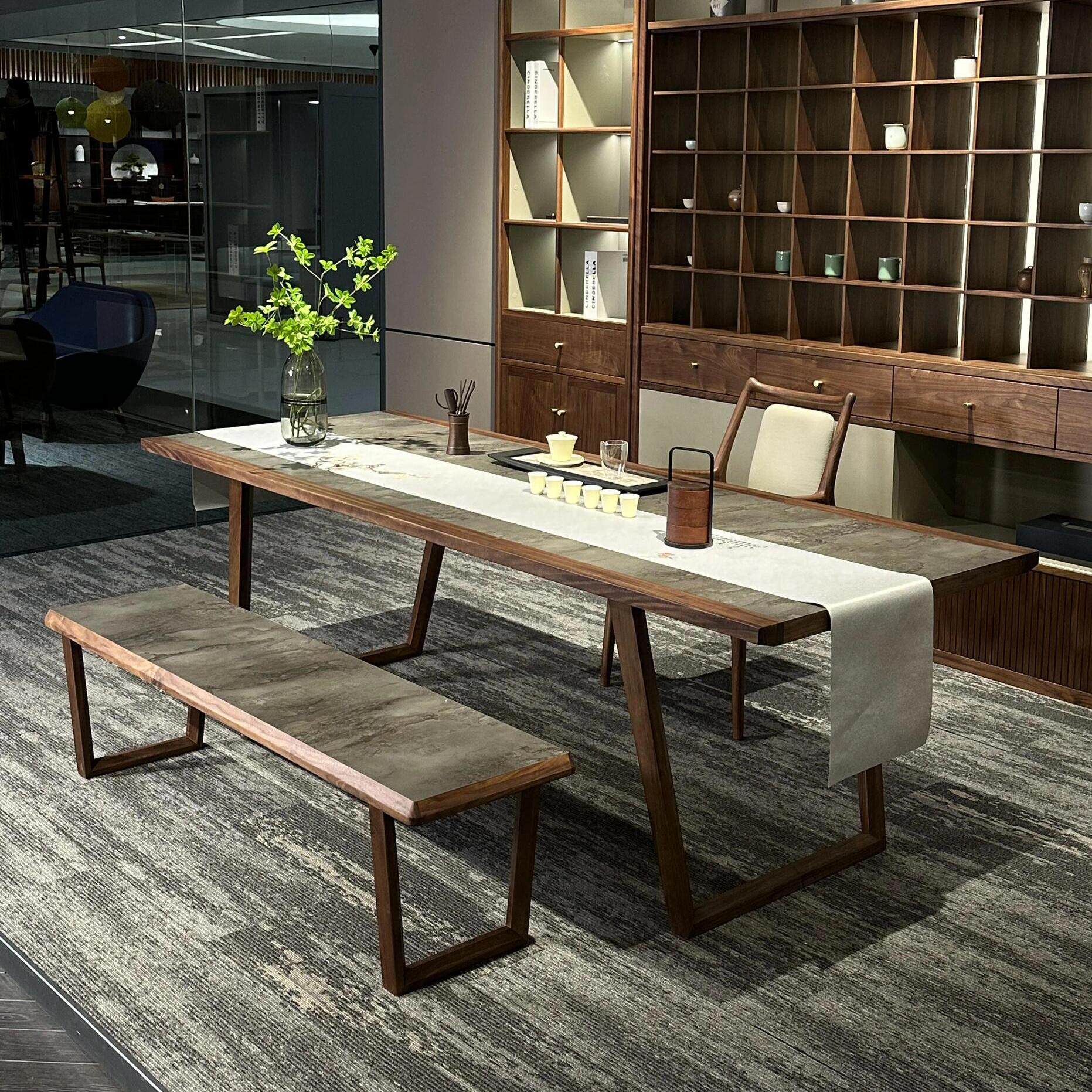 新中式岩板茶桌办公室茶空间高端实木泡茶台胡桃木大板桌设计师款